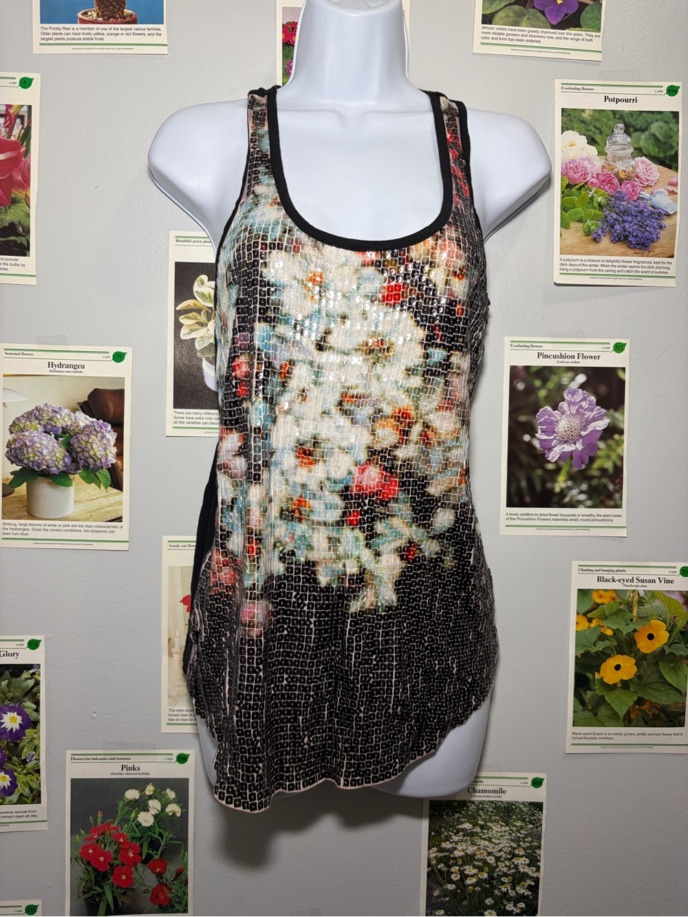 Express Black Multicolor Floral Mosaic Racerback Tank